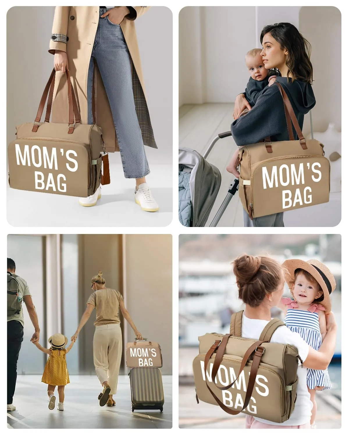 Moms Diaper Bag 4 in 1 Diaper Baby Tote, Hospital Bag for Labor & Delivery, Large Waterproof Baby Travel Weekender with 3 Insulated Pockets, Khaki