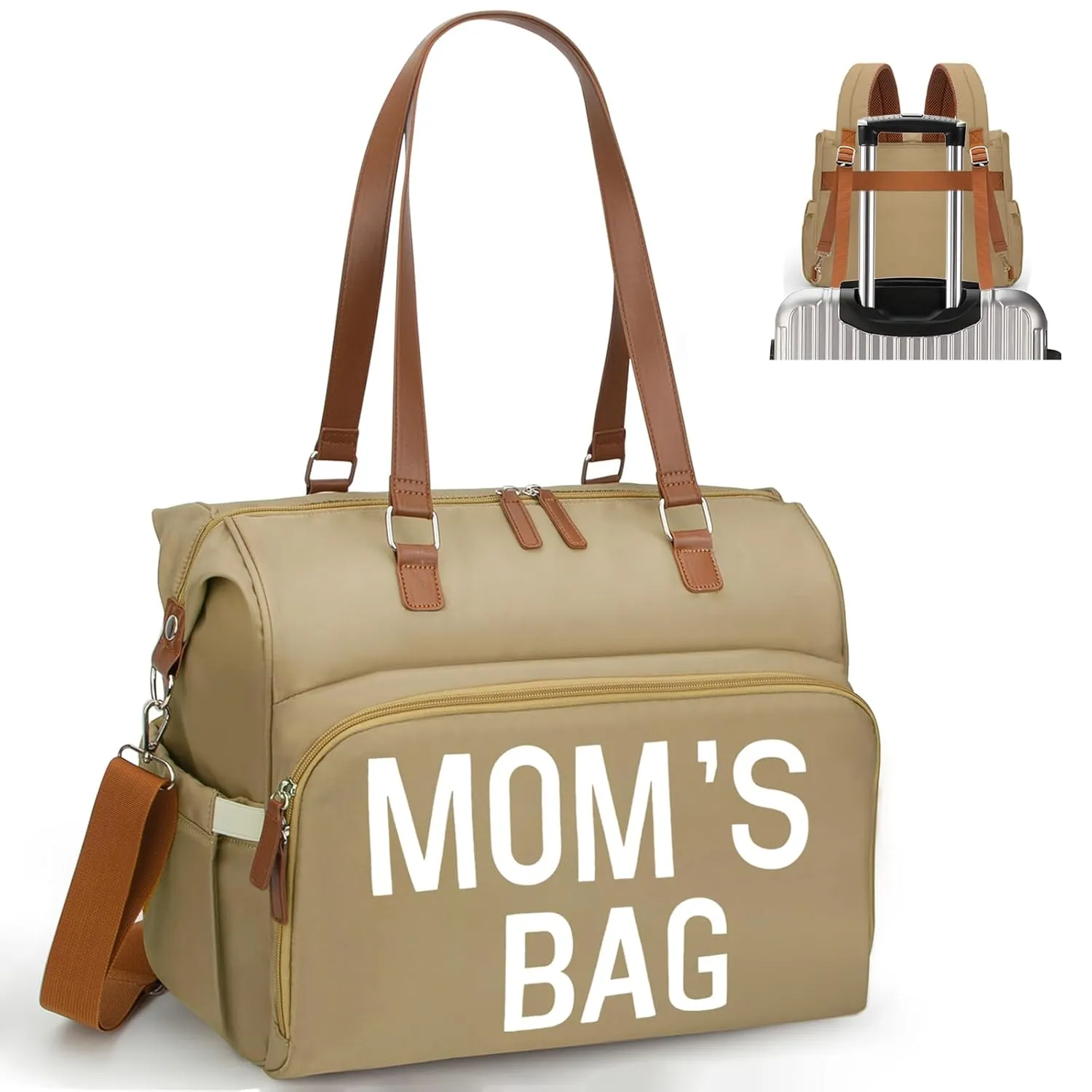 Moms Diaper Bag 4 in 1 Diaper Baby Tote, Hospital Bag for Labor & Delivery, Large Waterproof Baby Travel Weekender with 3 Insulated Pockets, Khaki