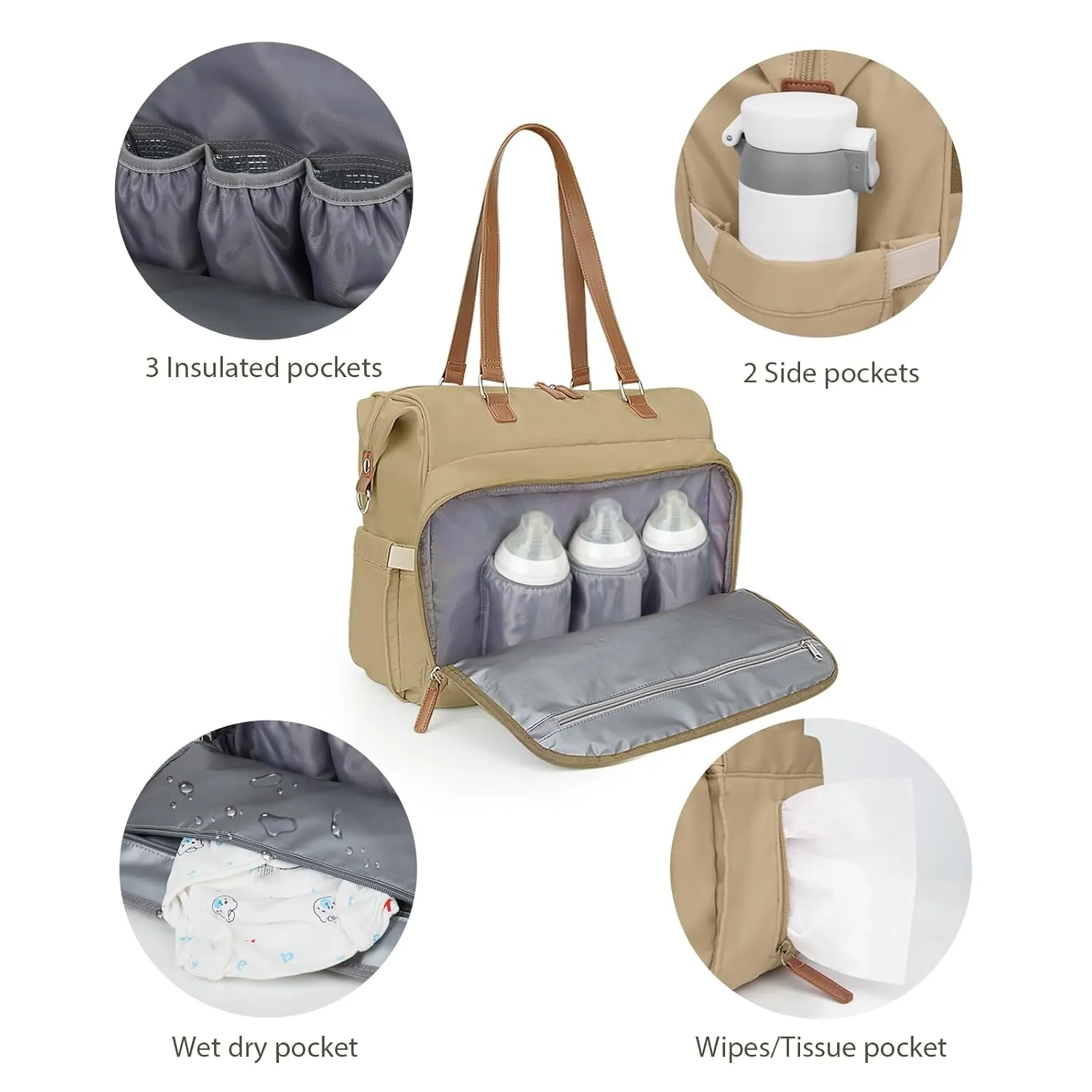 Moms Diaper Bag 4 in 1 Diaper Baby Tote, Hospital Bag for Labor & Delivery, Large Waterproof Baby Travel Weekender with 3 Insulated Pockets, Khaki