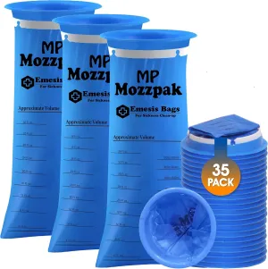 MP MOZZPAK Vomit Bags Disposable  35 Pack  1000ml Barf Bags  Leak Resistant, Medical Grade, Portable Emesis Bags, Puke, Throw Up, Nausea Bags for Travel Motion Sickness (Blue)