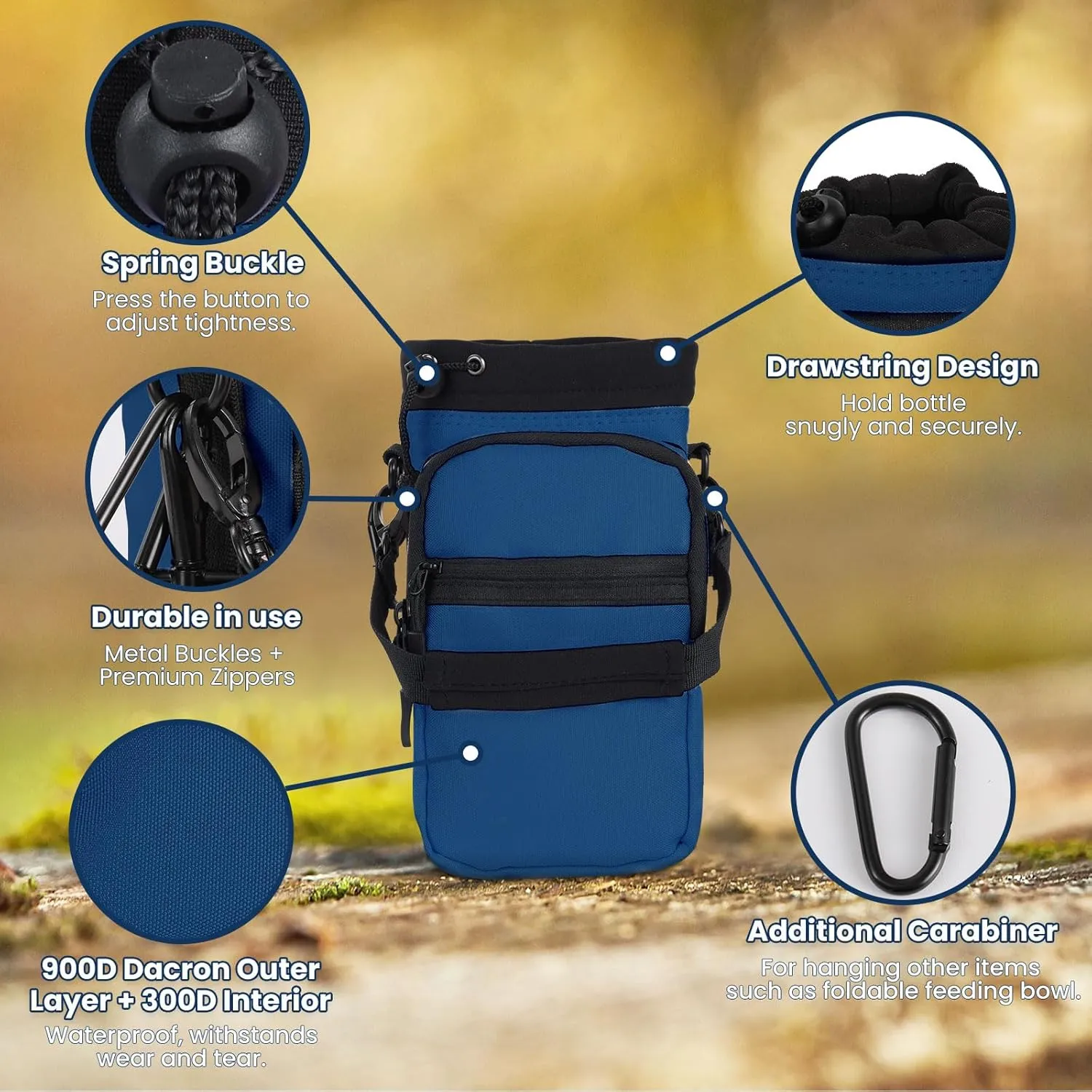 Nuovoware Water Bottle Carrier, 40oz Bottle Carrier Sports Insulated Water Bottle Holder with Adjustable Shoulder Strap, 2 Pockets Flask Sling Bag Drawstring Pouch for Climbing Hiking Walking
