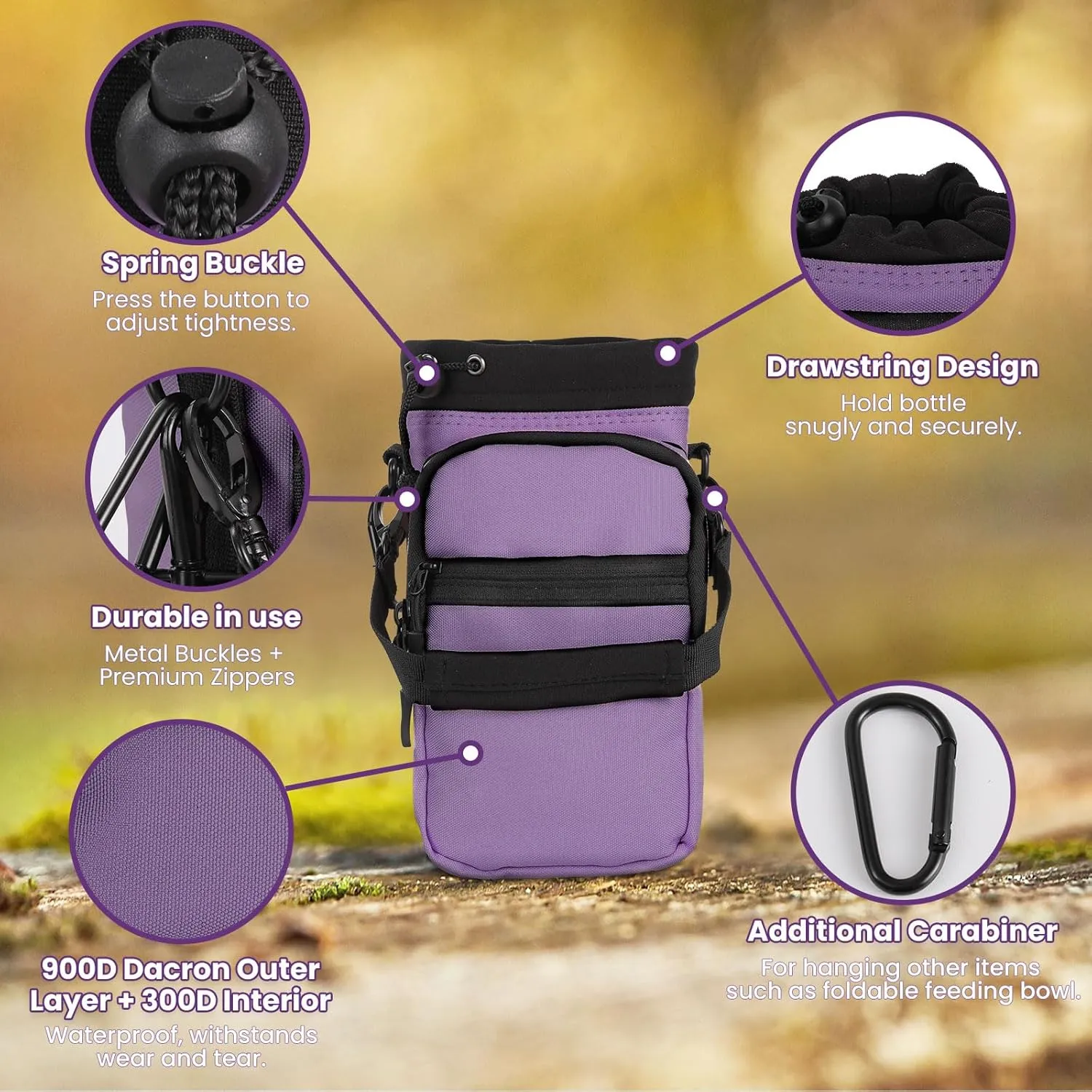 Nuovoware Water Bottle Carrier, 40oz Bottle Carrier Sports Insulated Water Bottle Holder with Adjustable Shoulder Strap, 2 Pockets Flask Sling Bag Drawstring Pouch for Climbing Hiking Walking