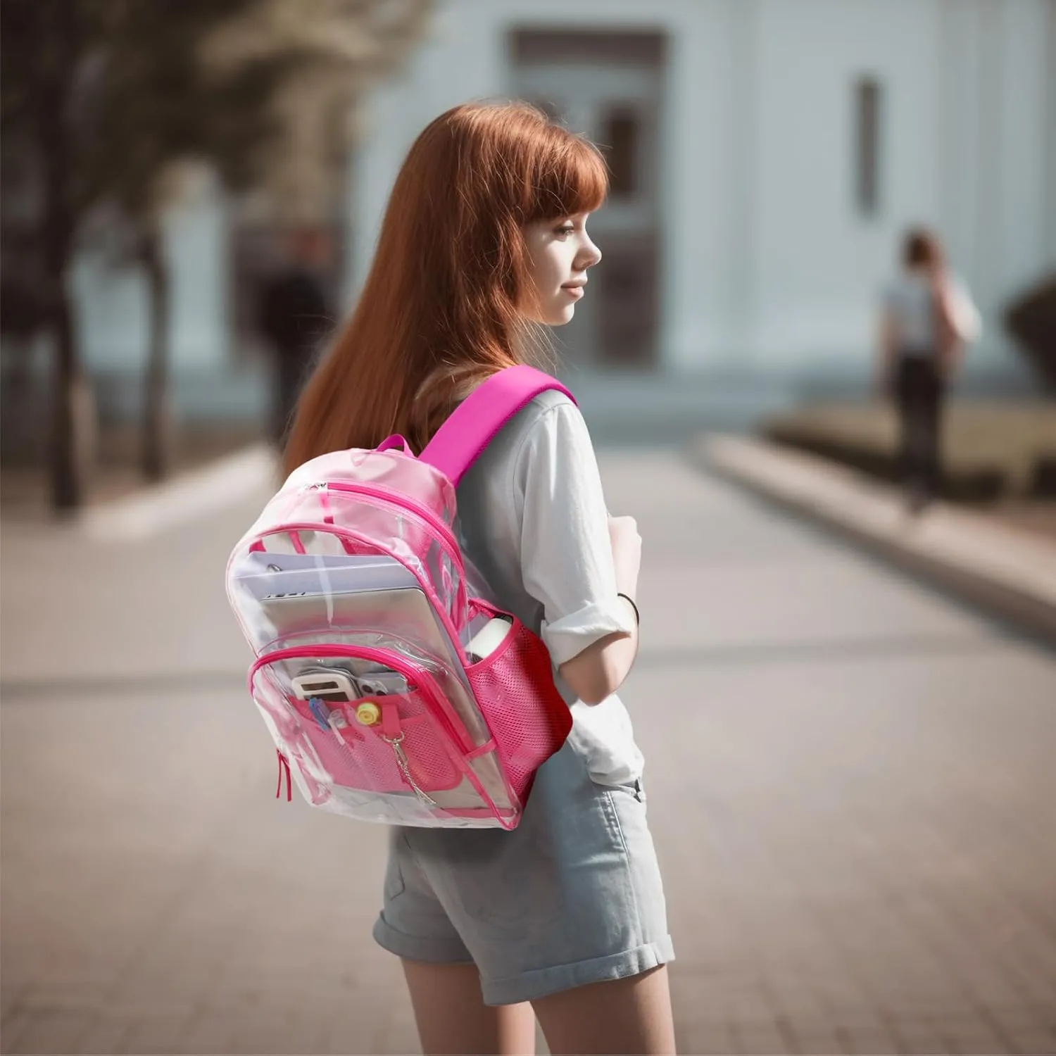 PACKISM Clear Backpack - 17 inch Large Backpacks for School Girls, Heavy Duty Clear Bookbag for Students, Transparent PVC See Through Backpack for College Work, Rose red (for age 12 above)