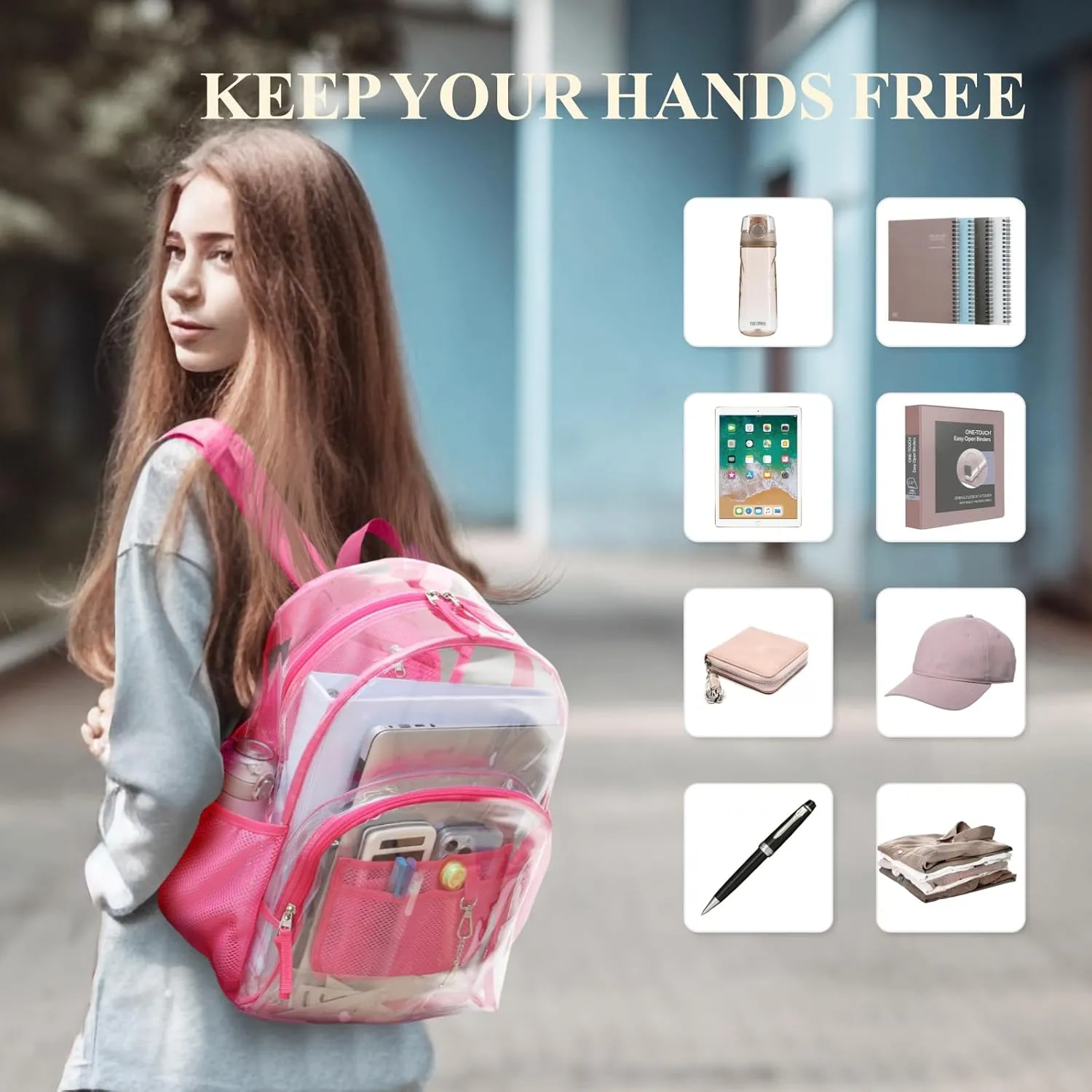 PACKISM Clear Backpack - 17 inch Large Backpacks for School Girls, Heavy Duty Clear Bookbag for Students, Transparent PVC See Through Backpack for College Work, Rose red (for age 12 above)