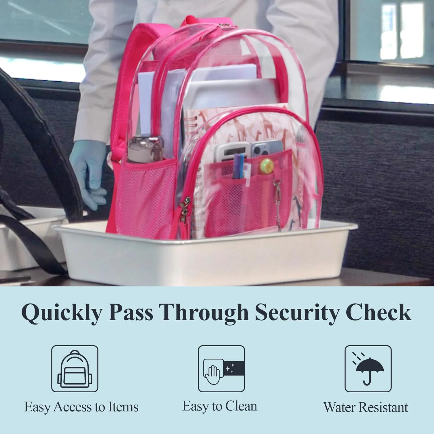 PACKISM Clear Backpack - 17 inch Large Backpacks for School Girls, Heavy Duty Clear Bookbag for Students, Transparent PVC See Through Backpack for College Work, Rose red (for age 12 above)