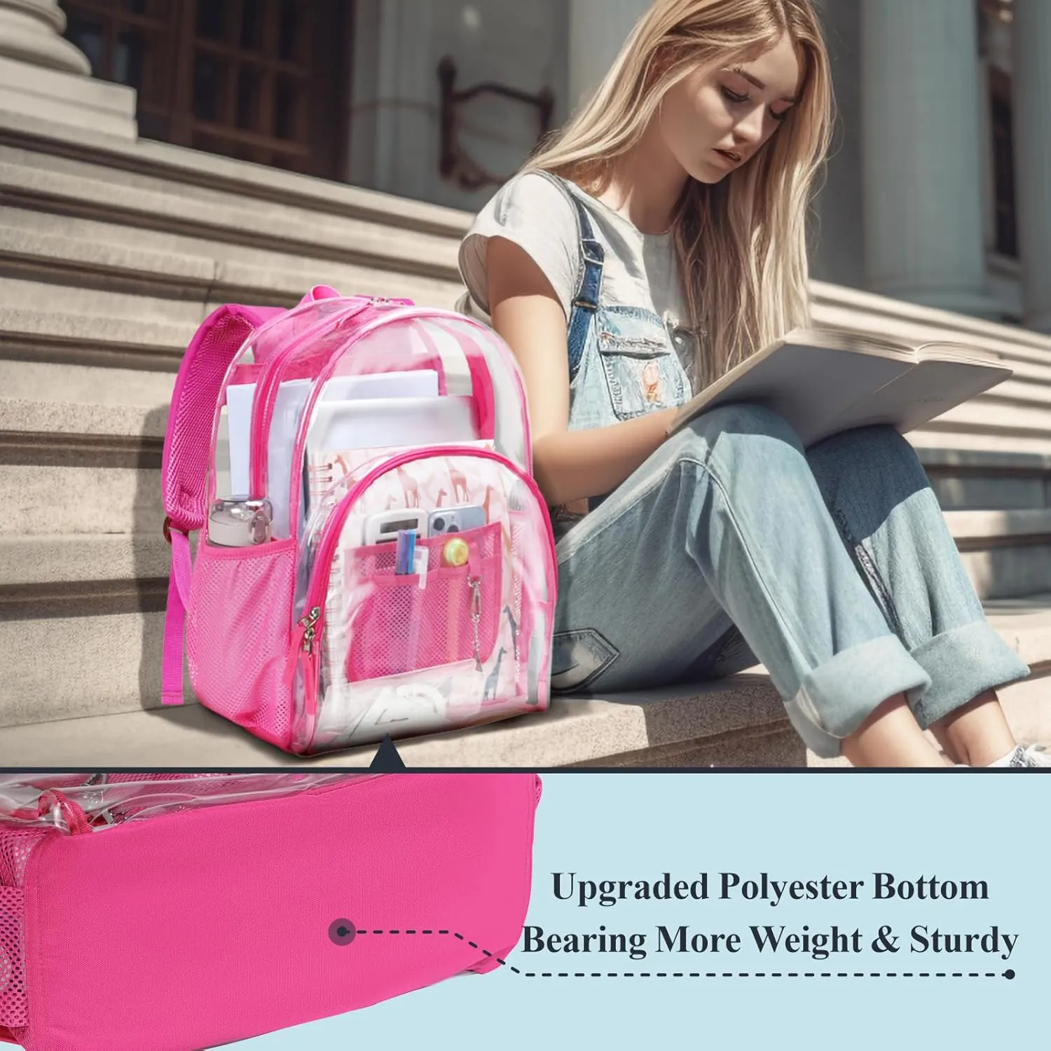 PACKISM Clear Backpack - 17 inch Large Backpacks for School Girls, Heavy Duty Clear Bookbag for Students, Transparent PVC See Through Backpack for College Work, Rose red (for age 12 above)