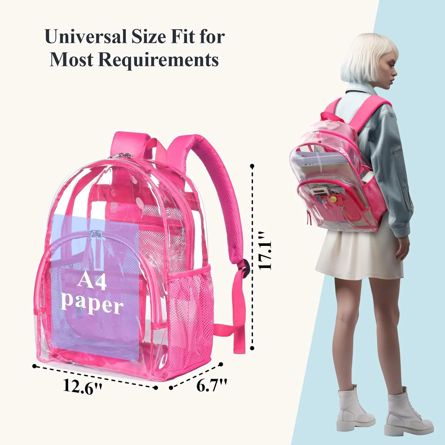 PACKISM Clear Backpack - 17 inch Large Backpacks for School Girls, Heavy Duty Clear Bookbag for Students, Transparent PVC See Through Backpack for College Work, Rose red (for age 12 above)