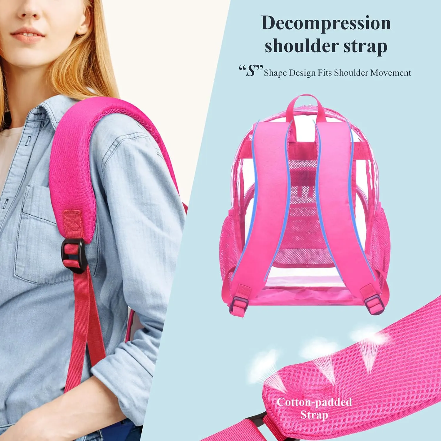PACKISM Clear Backpack - 17 inch Large Backpacks for School Girls, Heavy Duty Clear Bookbag for Students, Transparent PVC See Through Backpack for College Work, Rose red (for age 12 above)