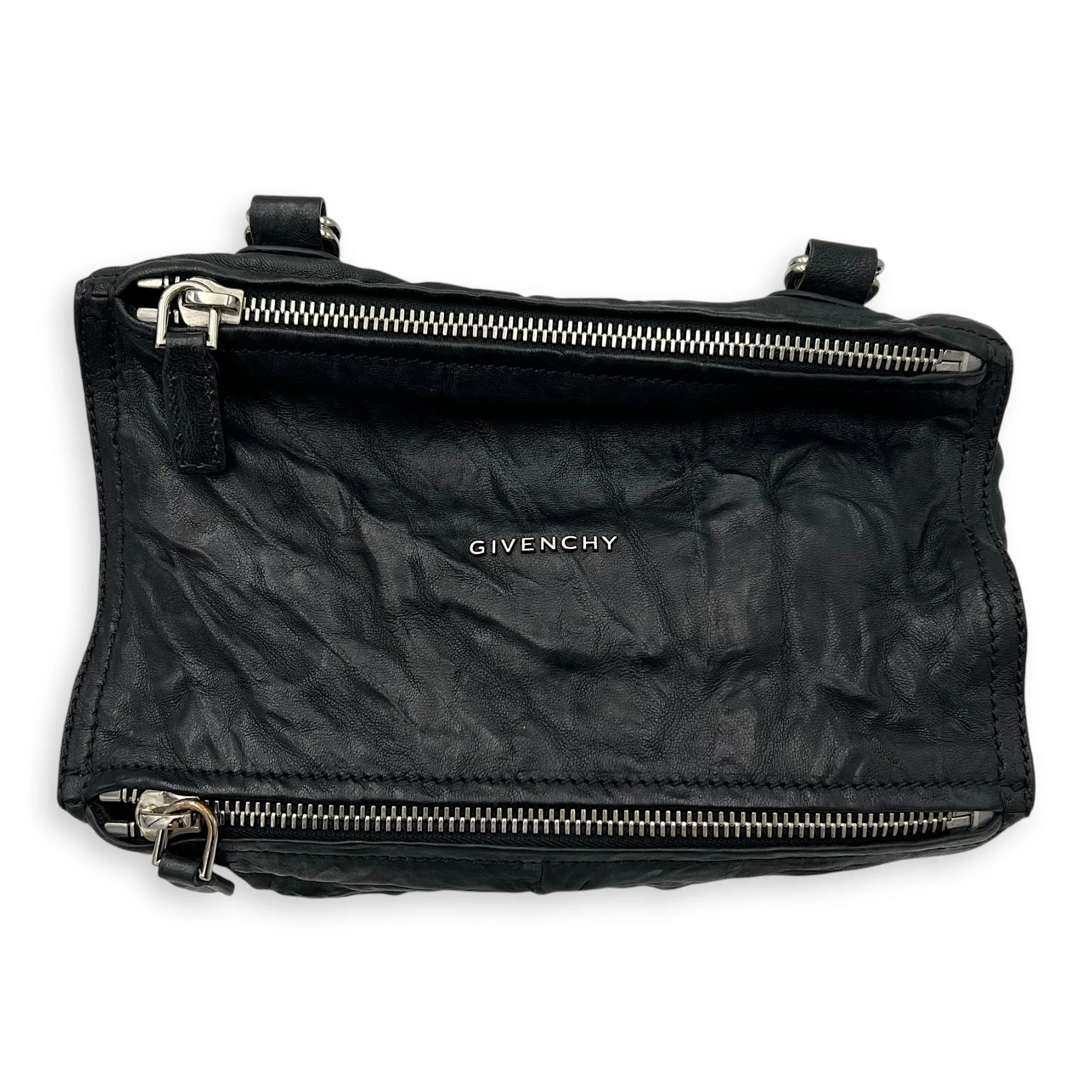 Pandora Black Top Handle Bag in Distressed Leather, Silver hardware