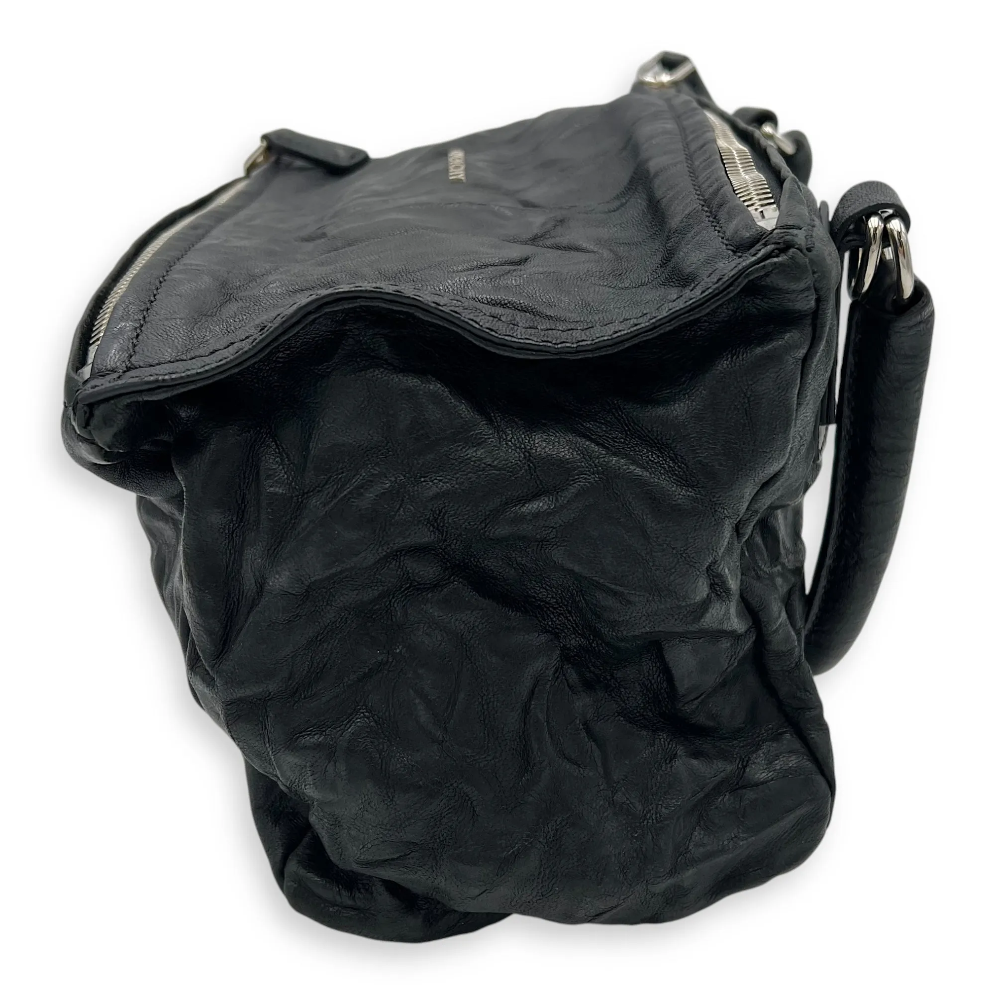 Pandora Black Top Handle Bag in Distressed Leather, Silver hardware