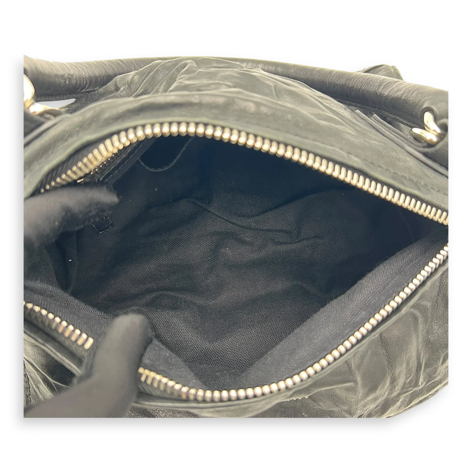 Pandora Black Top Handle Bag in Distressed Leather, Silver hardware