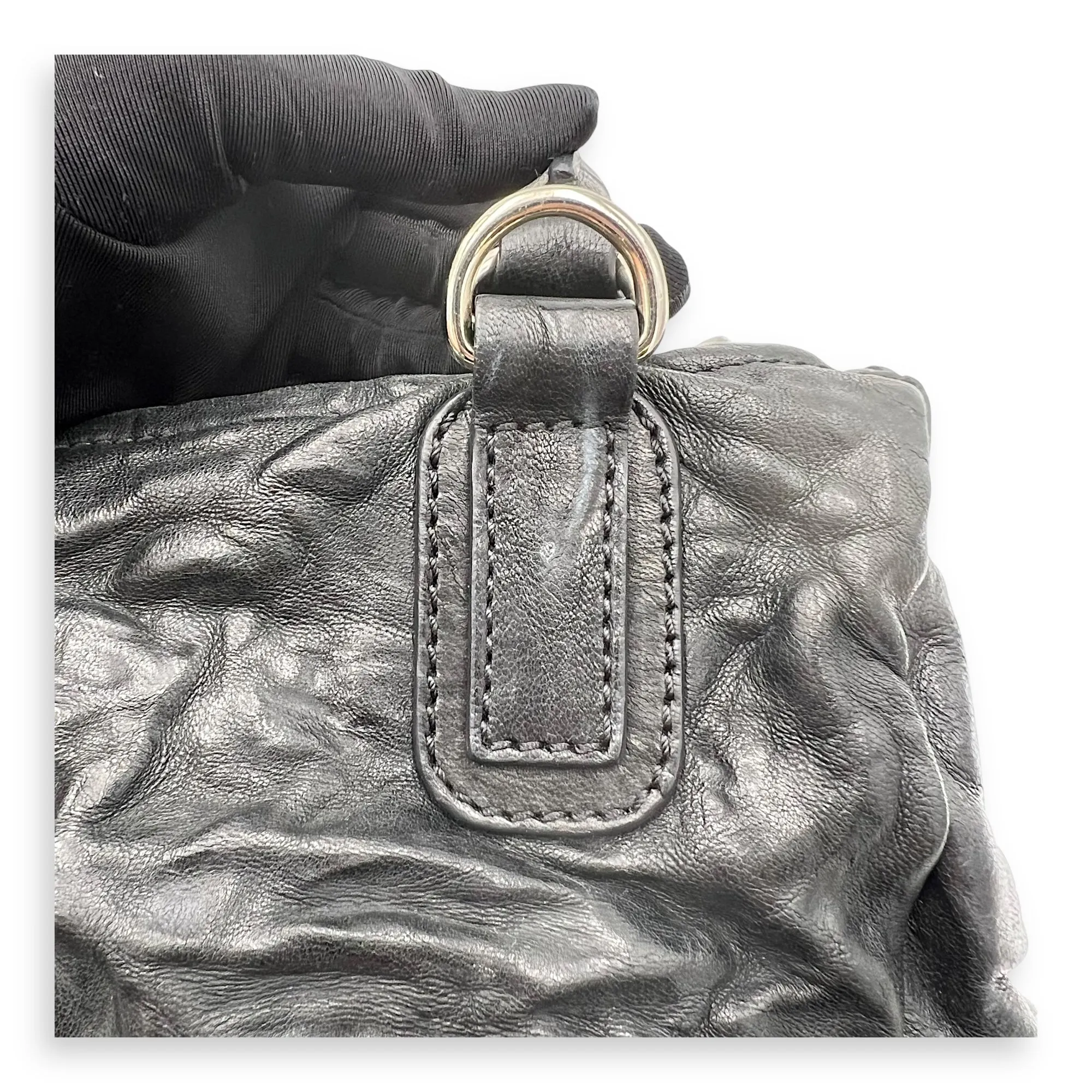 Pandora Black Top Handle Bag in Distressed Leather, Silver hardware
