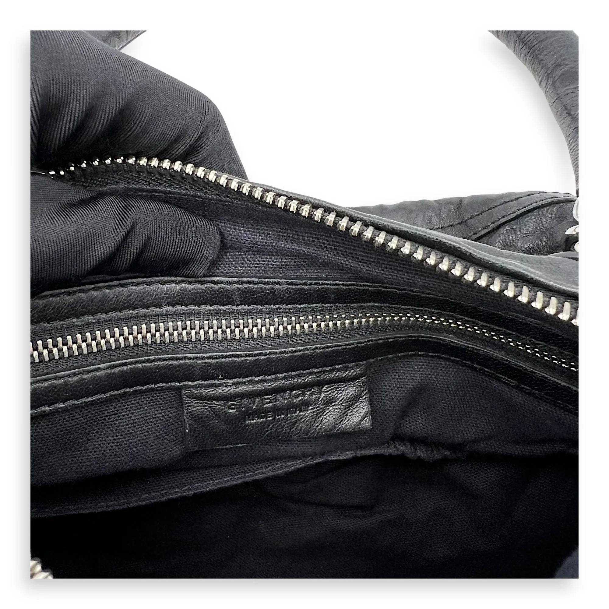 Pandora Black Top Handle Bag in Distressed Leather, Silver hardware