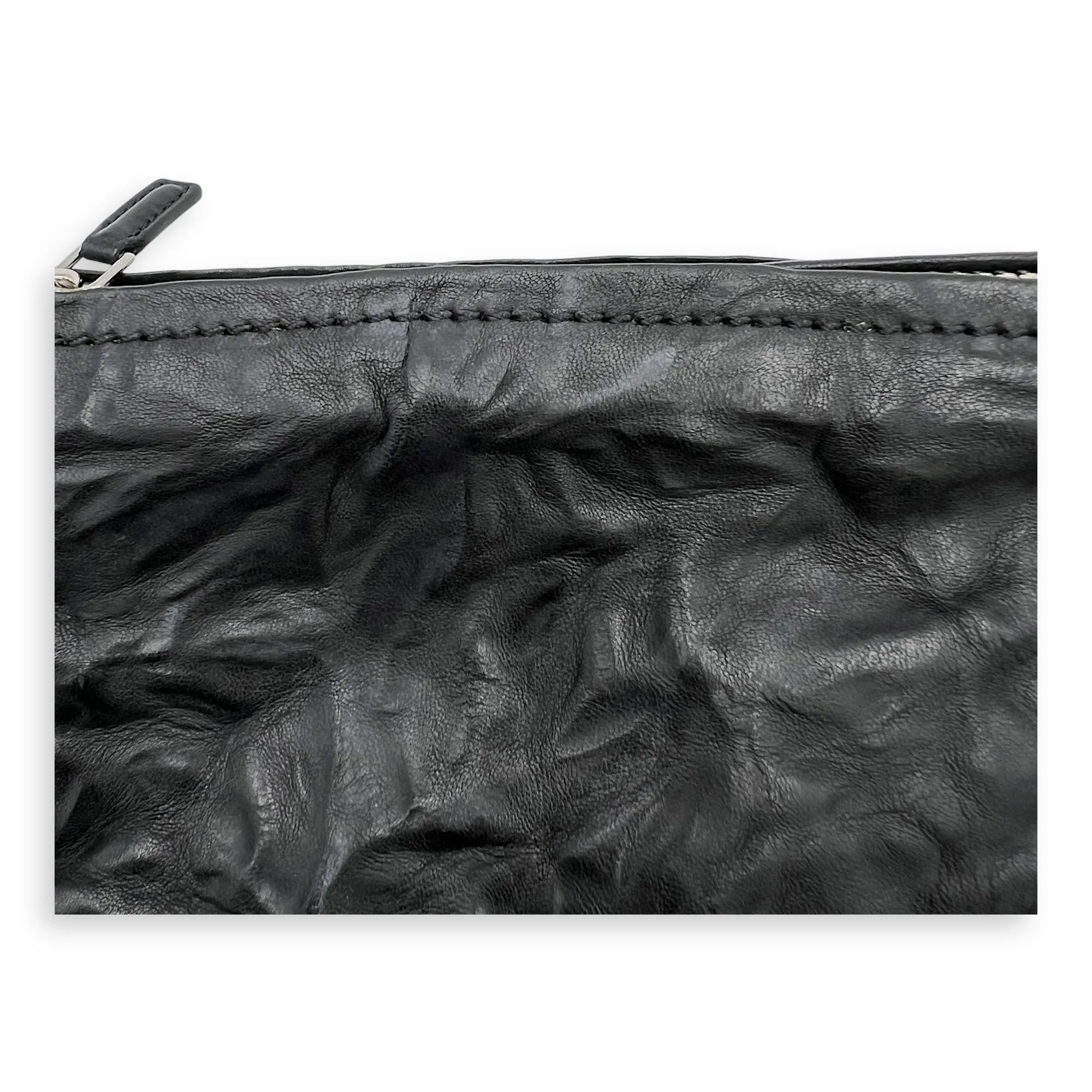 Pandora Black Top Handle Bag in Distressed Leather, Silver hardware