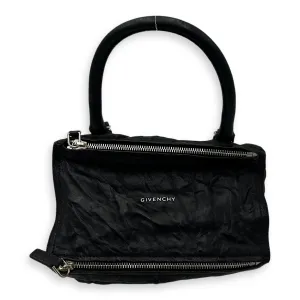 Pandora Black Top Handle Bag in Distressed Leather, Silver hardware