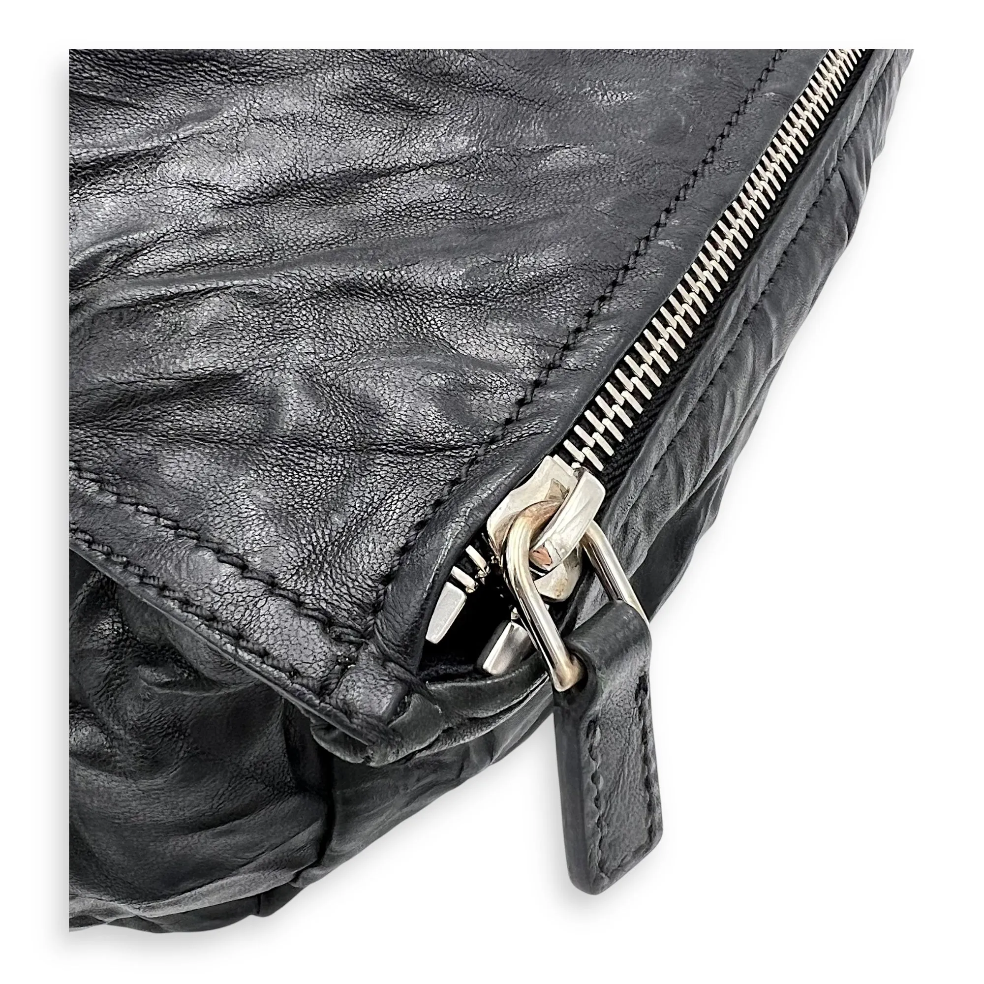 Pandora Black Top Handle Bag in Distressed Leather, Silver hardware