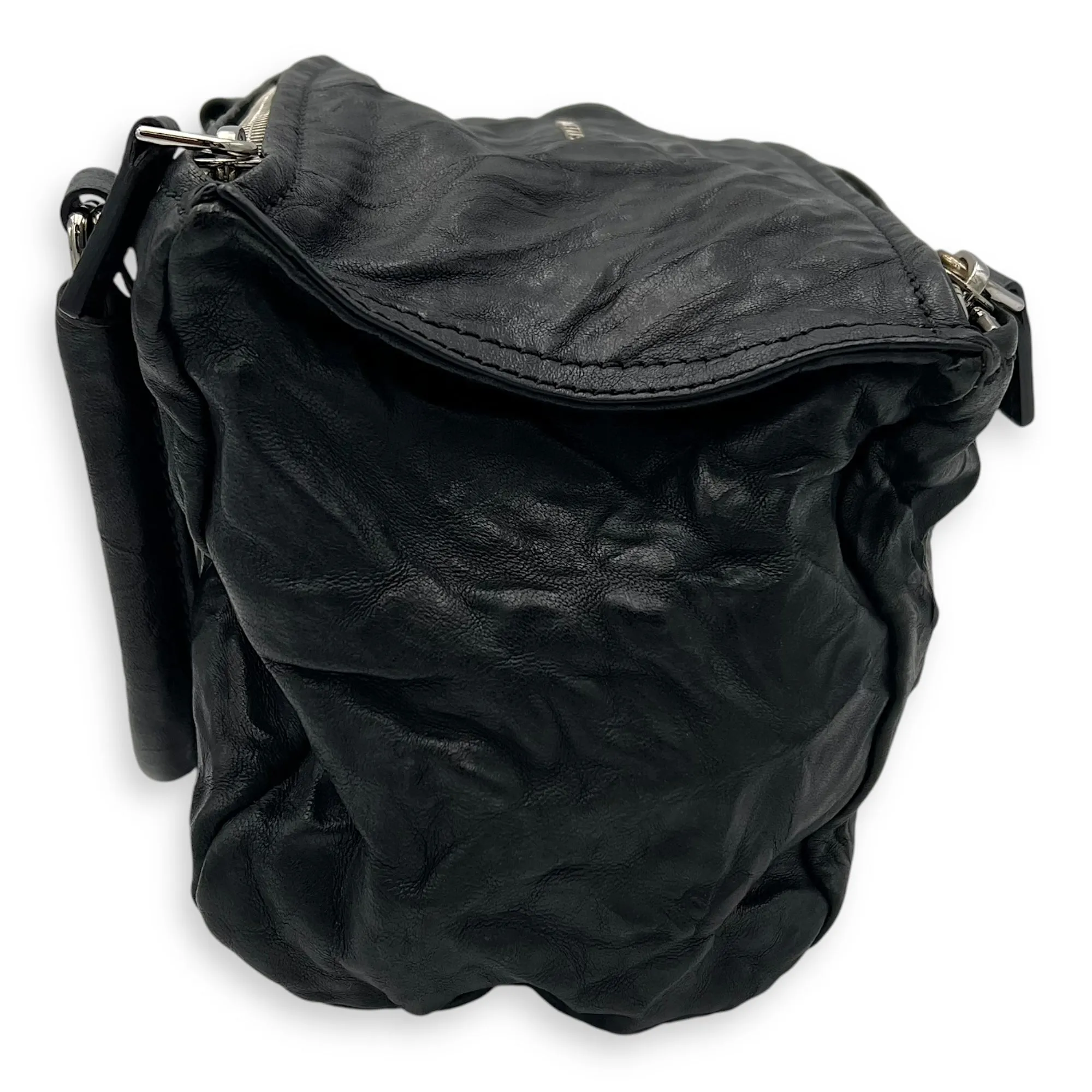 Pandora Black Top Handle Bag in Distressed Leather, Silver hardware