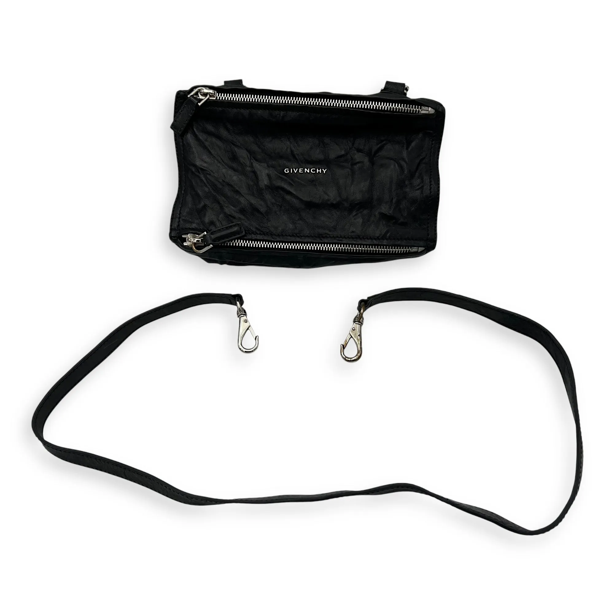 Pandora Black Top Handle Bag in Distressed Leather, Silver hardware