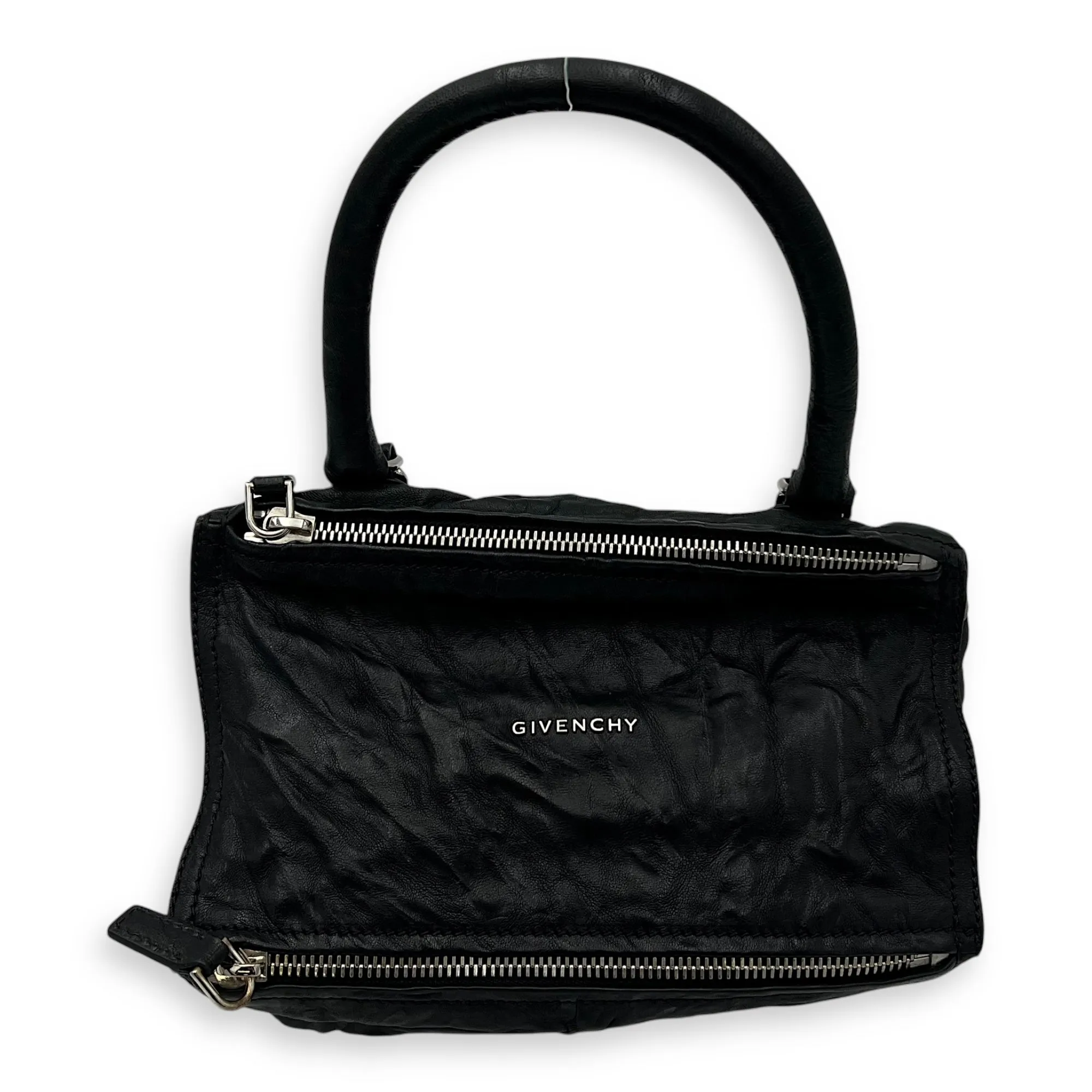 Pandora Black Top Handle Bag in Distressed Leather, Silver hardware