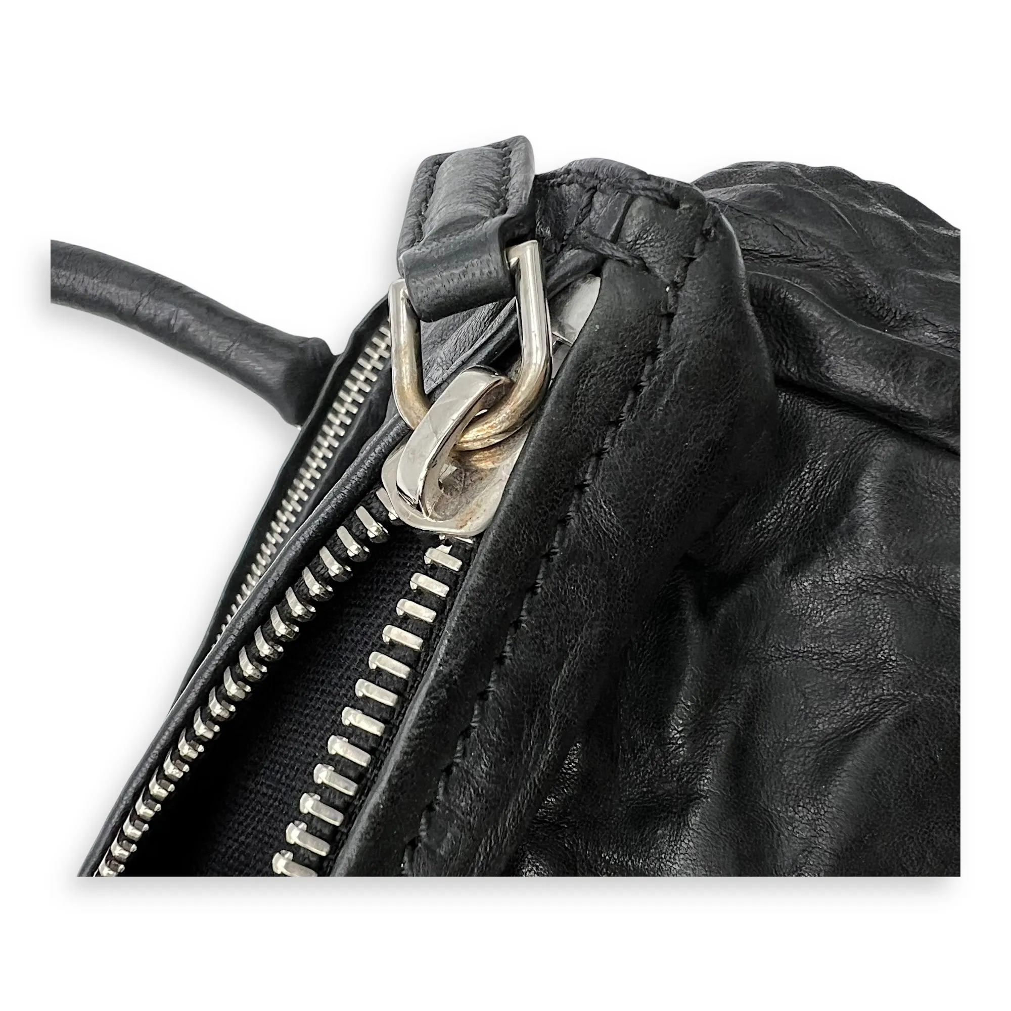 Pandora Black Top Handle Bag in Distressed Leather, Silver hardware