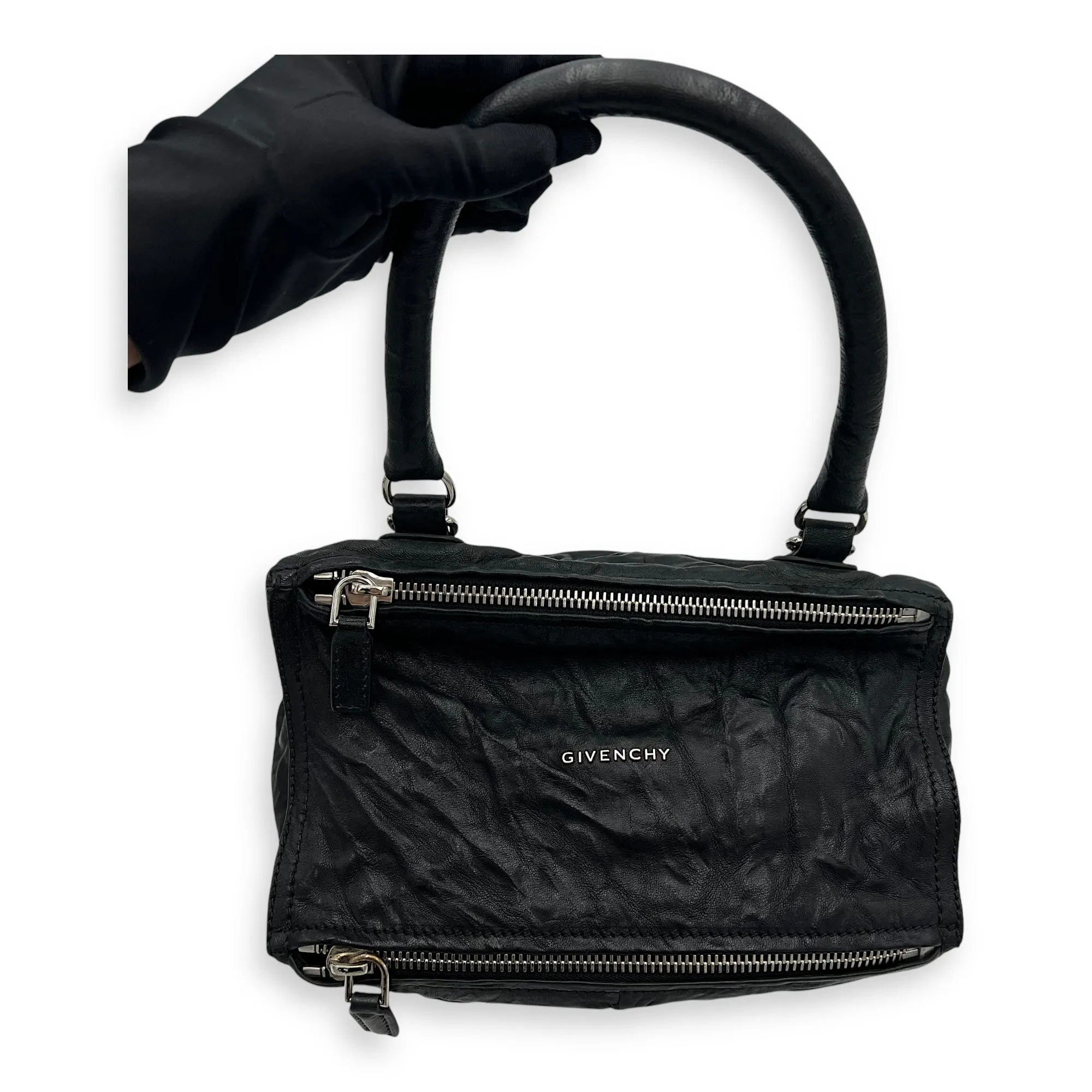 Pandora Black Top Handle Bag in Distressed Leather, Silver hardware