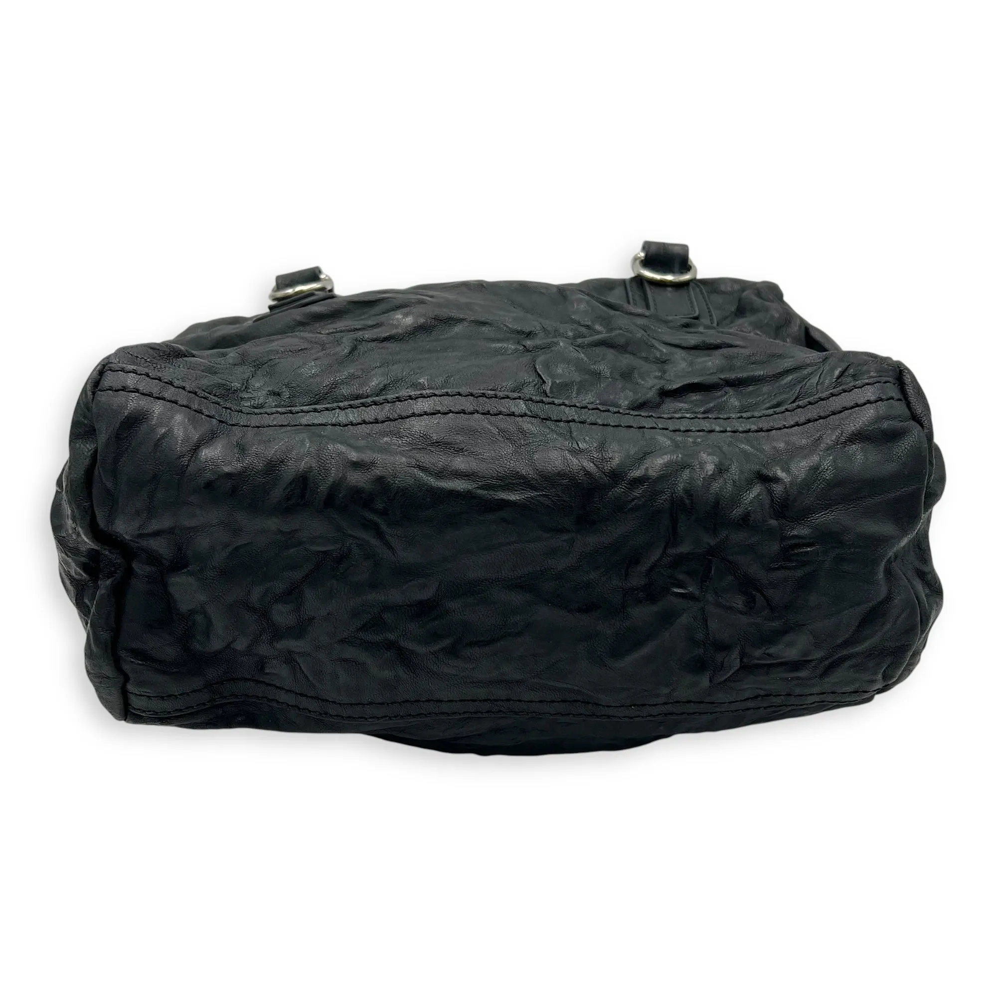 Pandora Black Top Handle Bag in Distressed Leather, Silver hardware