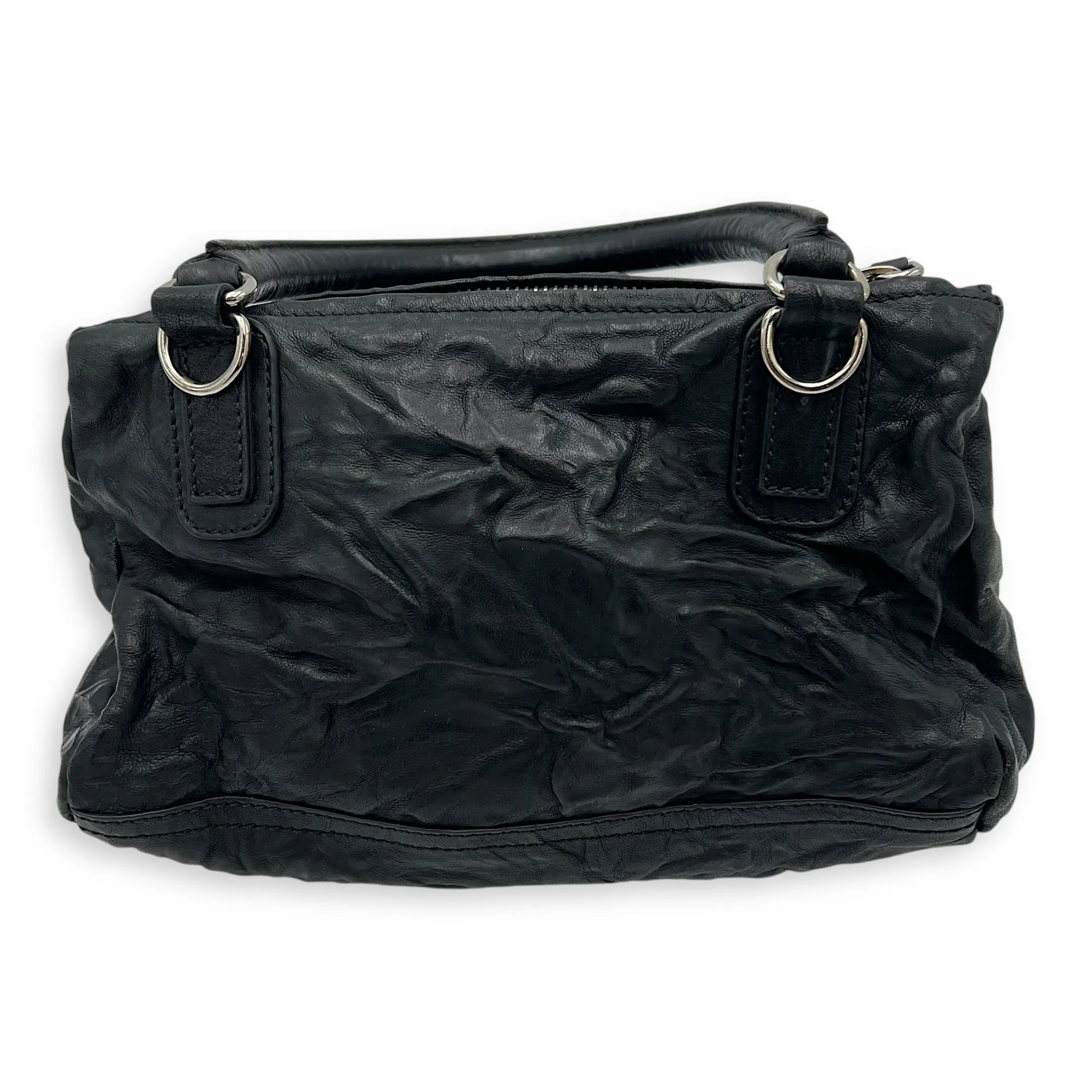 Pandora Black Top Handle Bag in Distressed Leather, Silver hardware
