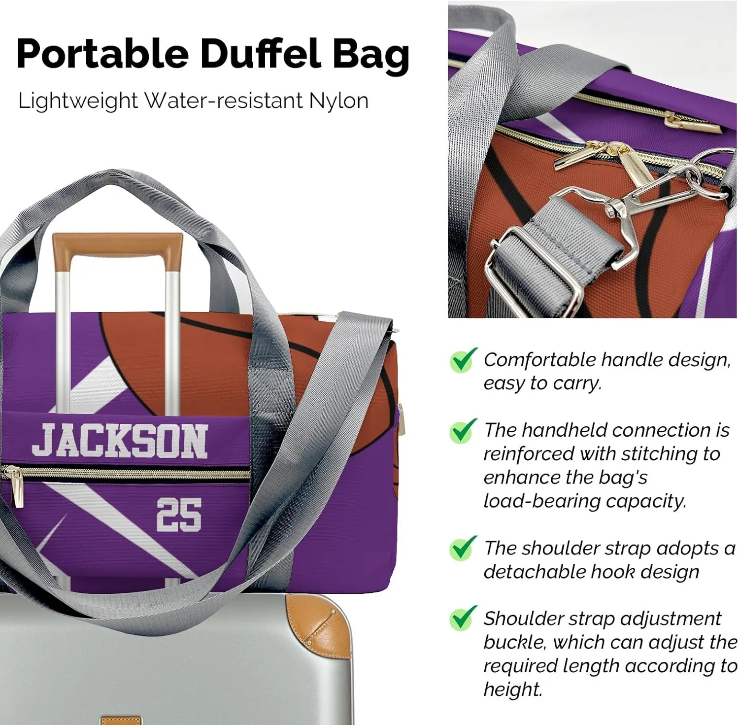 Personalized Duffle Bag with Name,Sport Basketball Player Team Purple Custom Travel Bag Carry On Weekend Overnight Bag Gym Sports Bag Dance Bag