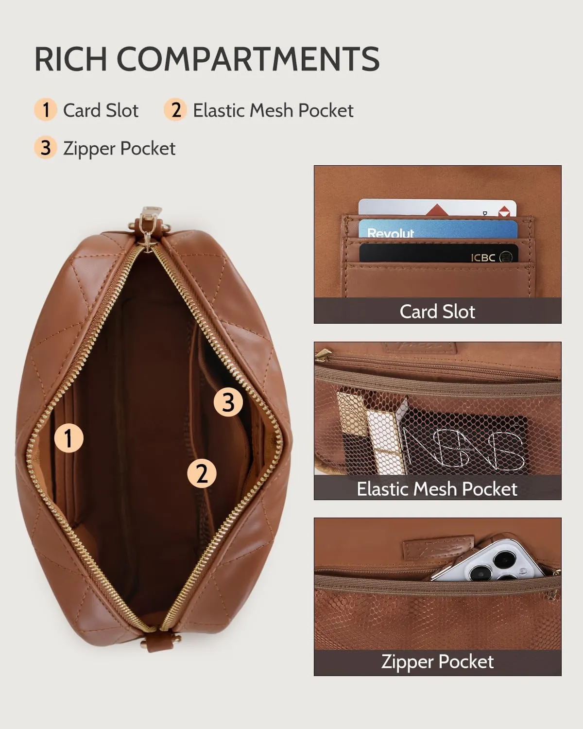 Prite Quilted Crossbody Bag for Women, Vegan Leather Handbag with Shoulder Strap, Small Purse with Card Slots