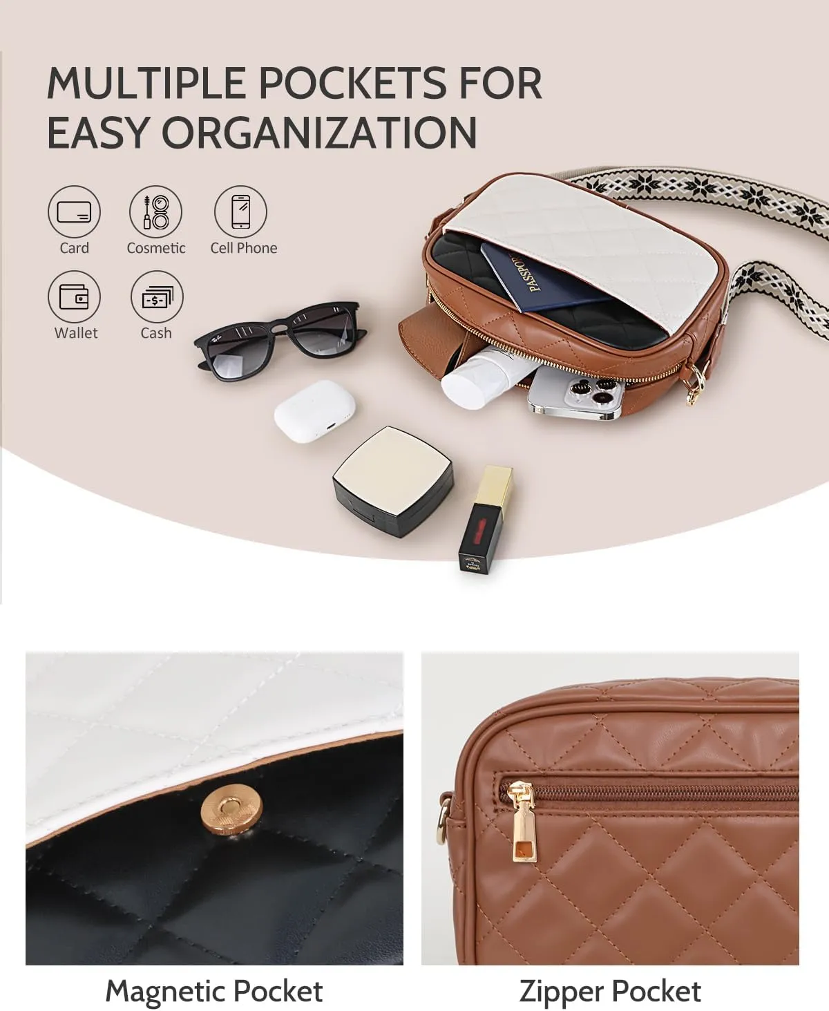 Prite Quilted Crossbody Bag for Women, Vegan Leather Handbag with Shoulder Strap, Small Purse with Card Slots