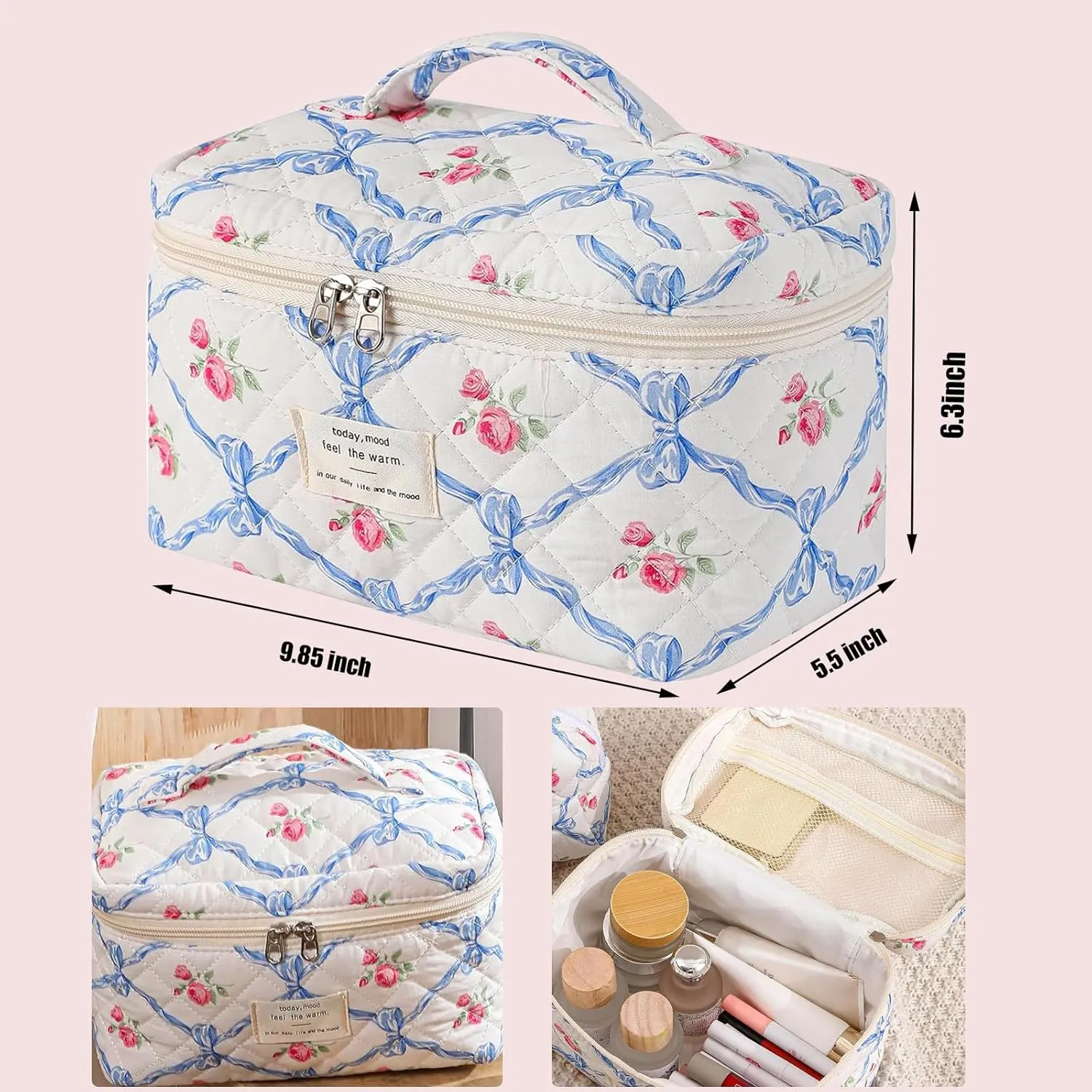 Quilted Makeup Bag Large Capacity Cute Cosmetic Bags for Women Floral Coquette Aesthetic Travel Toiletry Make Up Organizer Bag