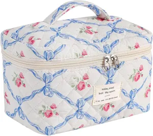 Quilted Makeup Bag Large Capacity Cute Cosmetic Bags for Women Floral Coquette Aesthetic Travel Toiletry Make Up Organizer Bag