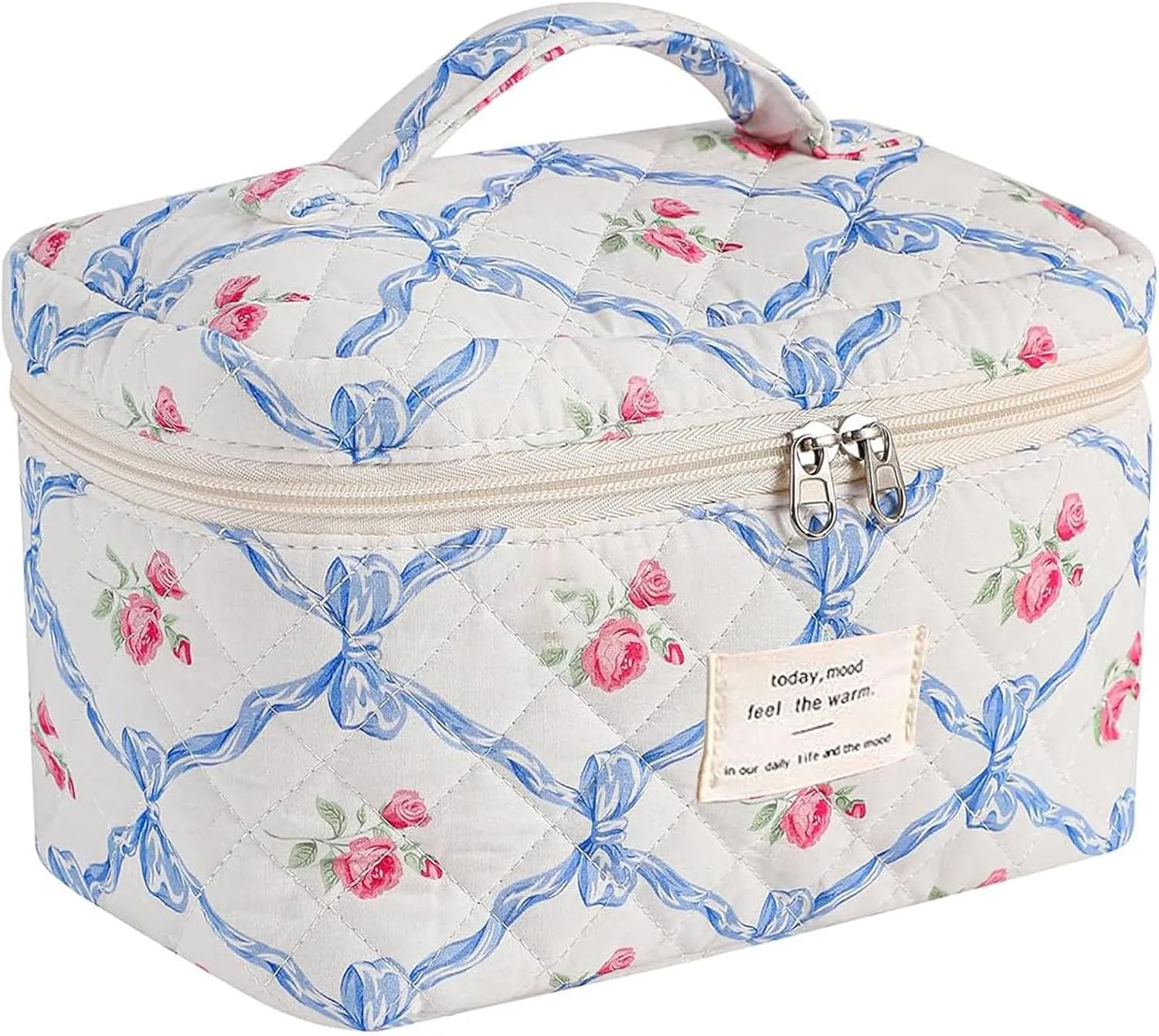 Quilted Makeup Bag Large Capacity Cute Cosmetic Bags for Women Floral Coquette Aesthetic Travel Toiletry Make Up Organizer Bag