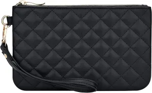 Quilted Wristlet Purse for Women, Vegan Leather Wristlet Pouch Zip Clutch Bag, Evening Clutch Purse with strap