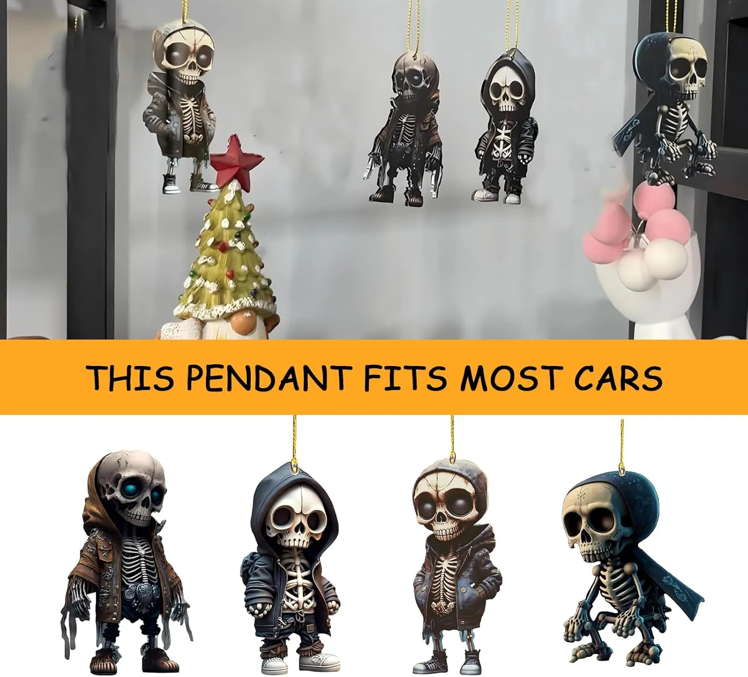 Rear View Mirror Ornament, Acrylic Skull Figurines Hanging Pendant, Swing Spooky Skeleton Statue Interior Accessories, Universal for Most Cars Backpack Decoration (Black #01)