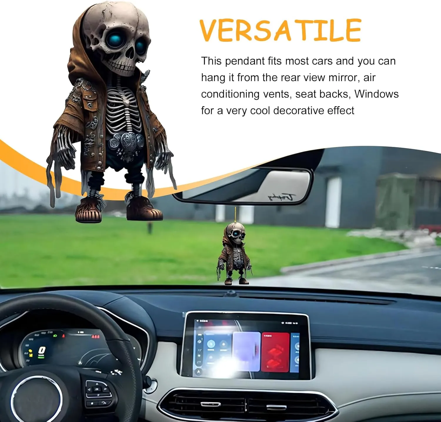 Rear View Mirror Ornament, Acrylic Skull Figurines Hanging Pendant, Swing Spooky Skeleton Statue Interior Accessories, Universal for Most Cars Backpack Decoration (Black #01)