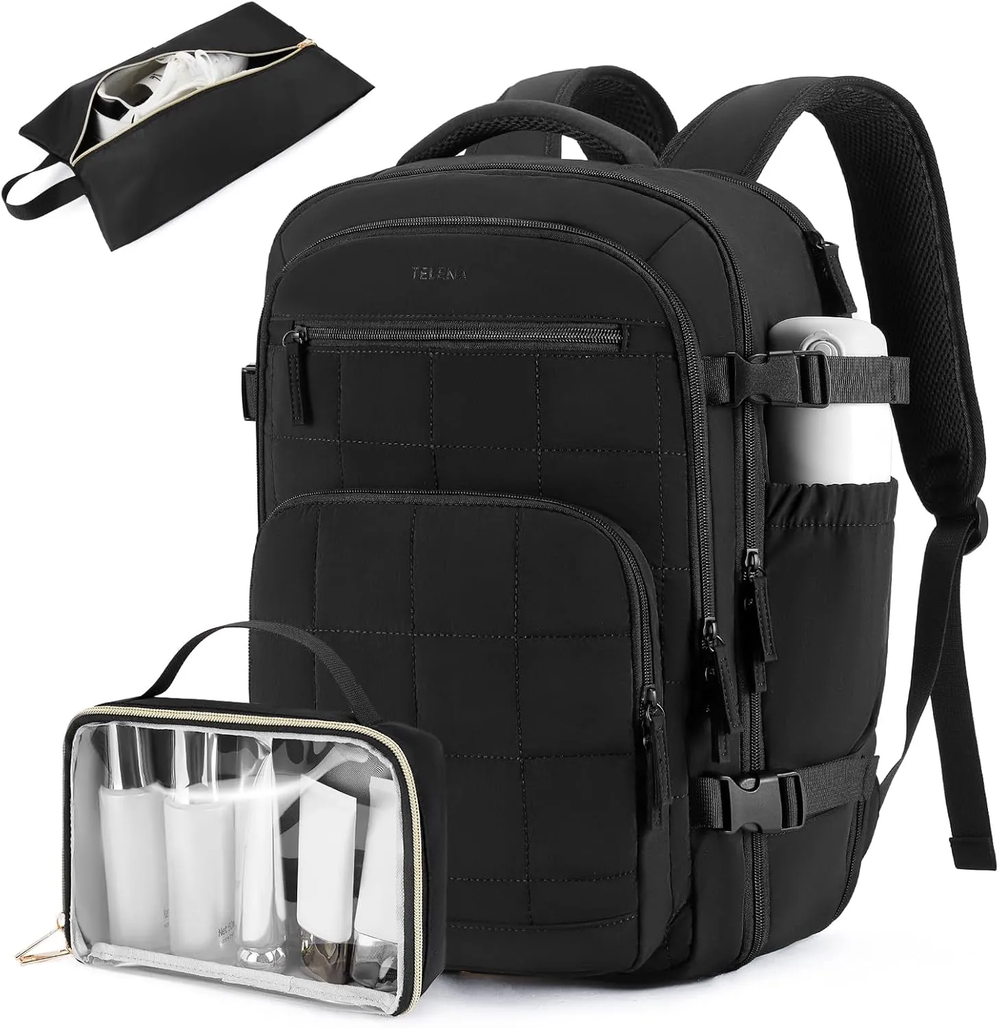Telena Travel Backpack Carry on Flight Approved, 17.3 inch Laptop Quilted College Bookbag Personal Item Travel Bags for Women Black