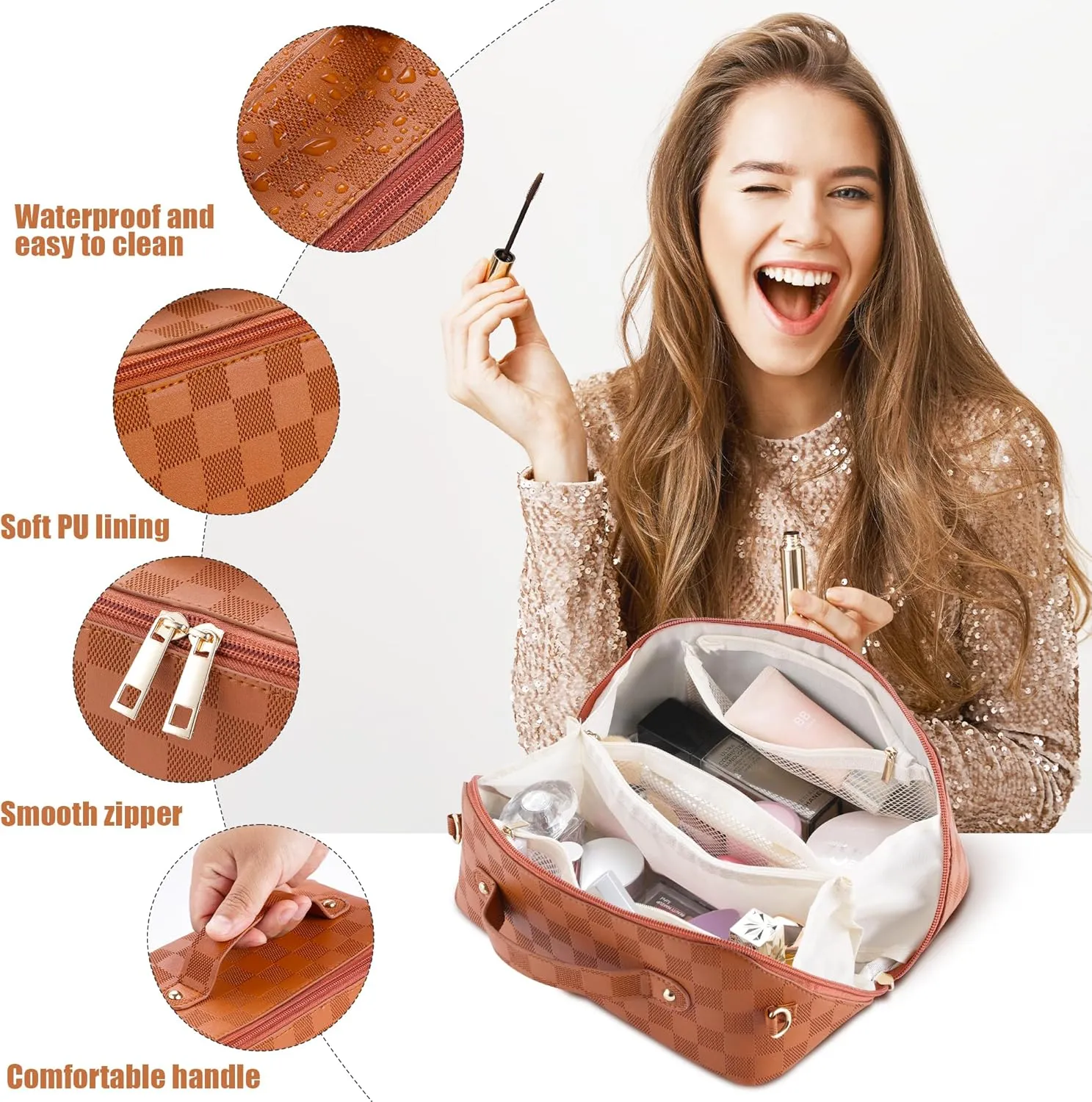 Travel Makeup Bag, Large Capacity Cosmetic Bags For Women, PU Leather Waterproof Portable Pouch Open Flat Lay Checkered Bag Make up Organizer With Divider and Handle (Brown)