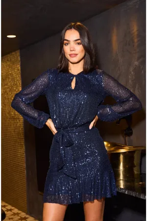 Urban Touch Sequin Skater Dress With Long Sleeve