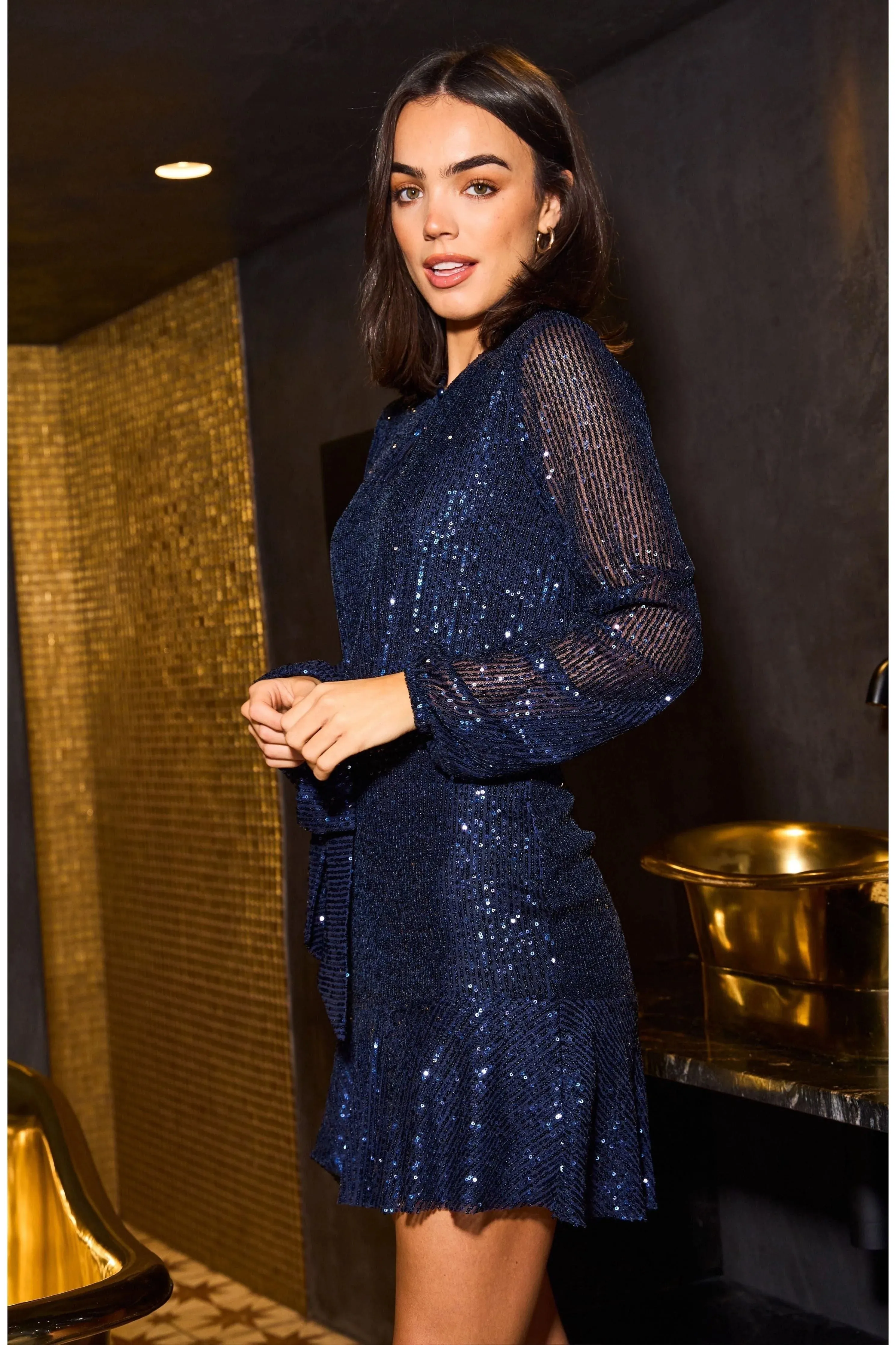 Urban Touch Sequin Skater Dress With Long Sleeve