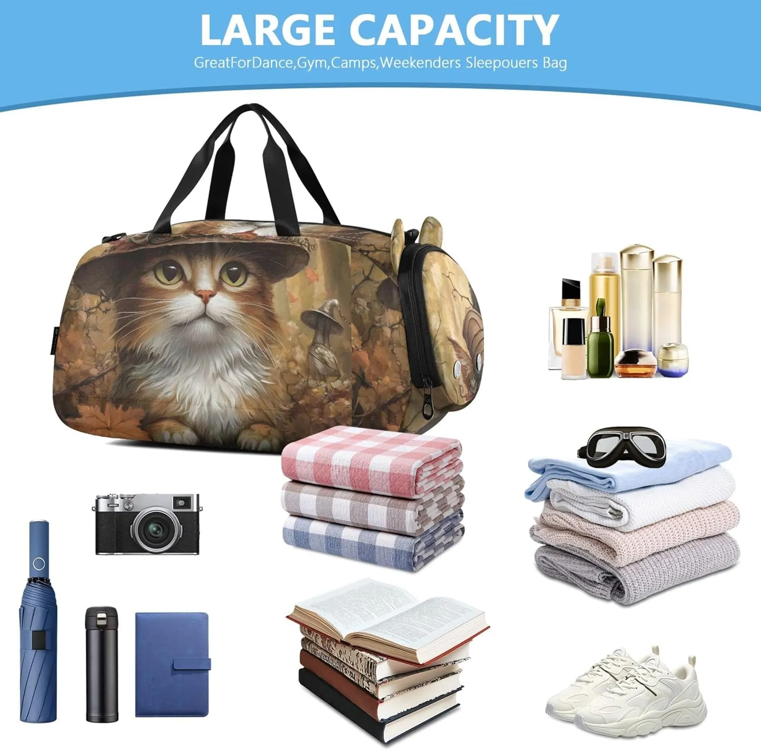 Vintage Cat Witch Hat Fall Leaves Boys Carry on Duffel Bag Toddler Weekender Bags Girls Tote Duffle Bags Travel Dance Kids Luggage