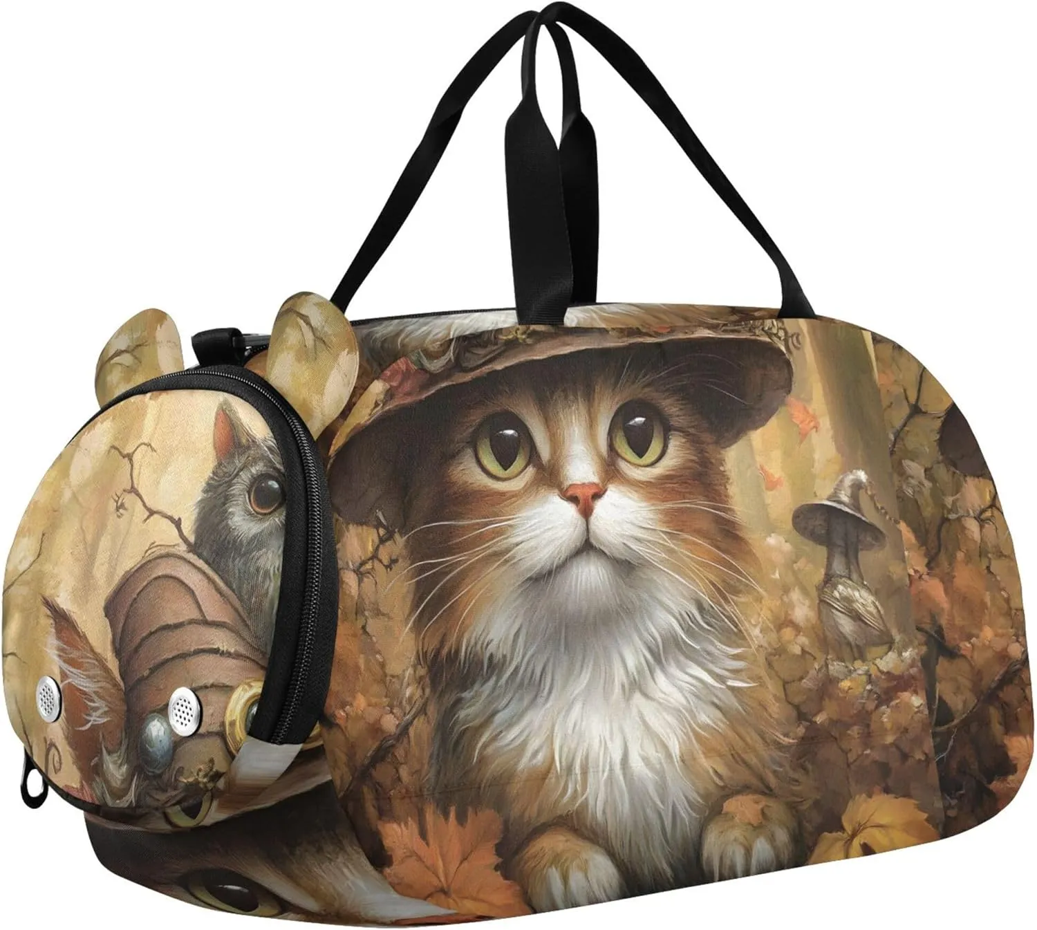 Vintage Cat Witch Hat Fall Leaves Boys Carry on Duffel Bag Toddler Weekender Bags Girls Tote Duffle Bags Travel Dance Kids Luggage