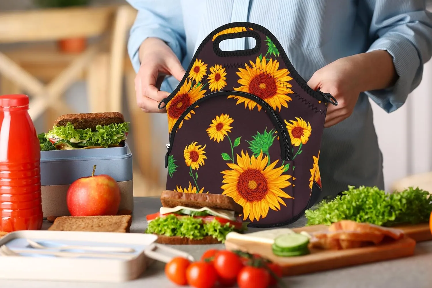 Violet Mist Neoprene Lunch Bags with Shoulder Strap Lunch Totes for Women Insulated Lunch Handbag Thermal Lunch Box Reusable Gourmet Bento Bag Pocket Zipper for Work Picnic Travel Shopping, Sunflower